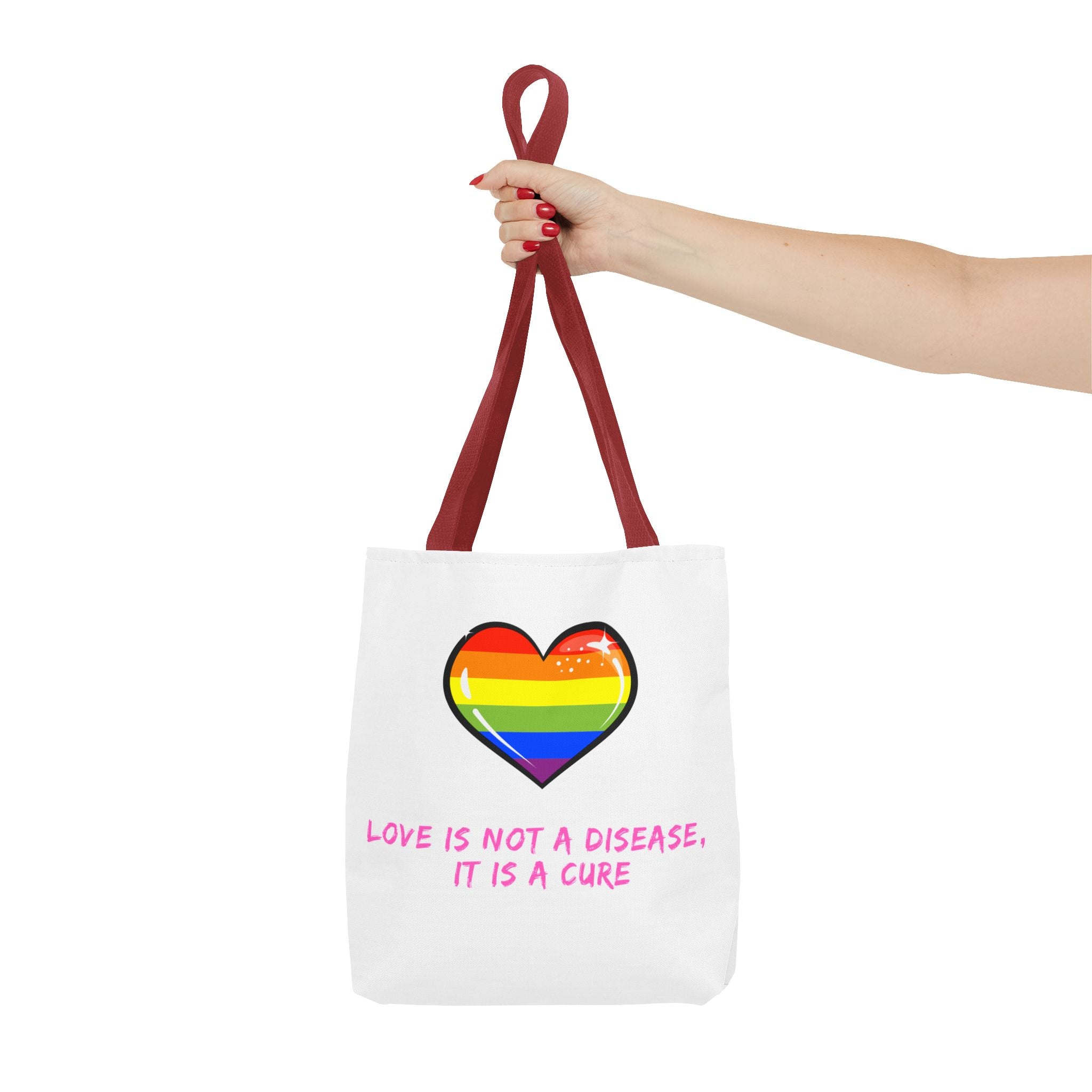 Rainbow Heart Pride Tote Bag – “Love Is Not a Disease, It Is a Cure”, Durable Polyester, Multiple Sizes | Inclusive LGBTQIA+ Accessory | Voce Lindx