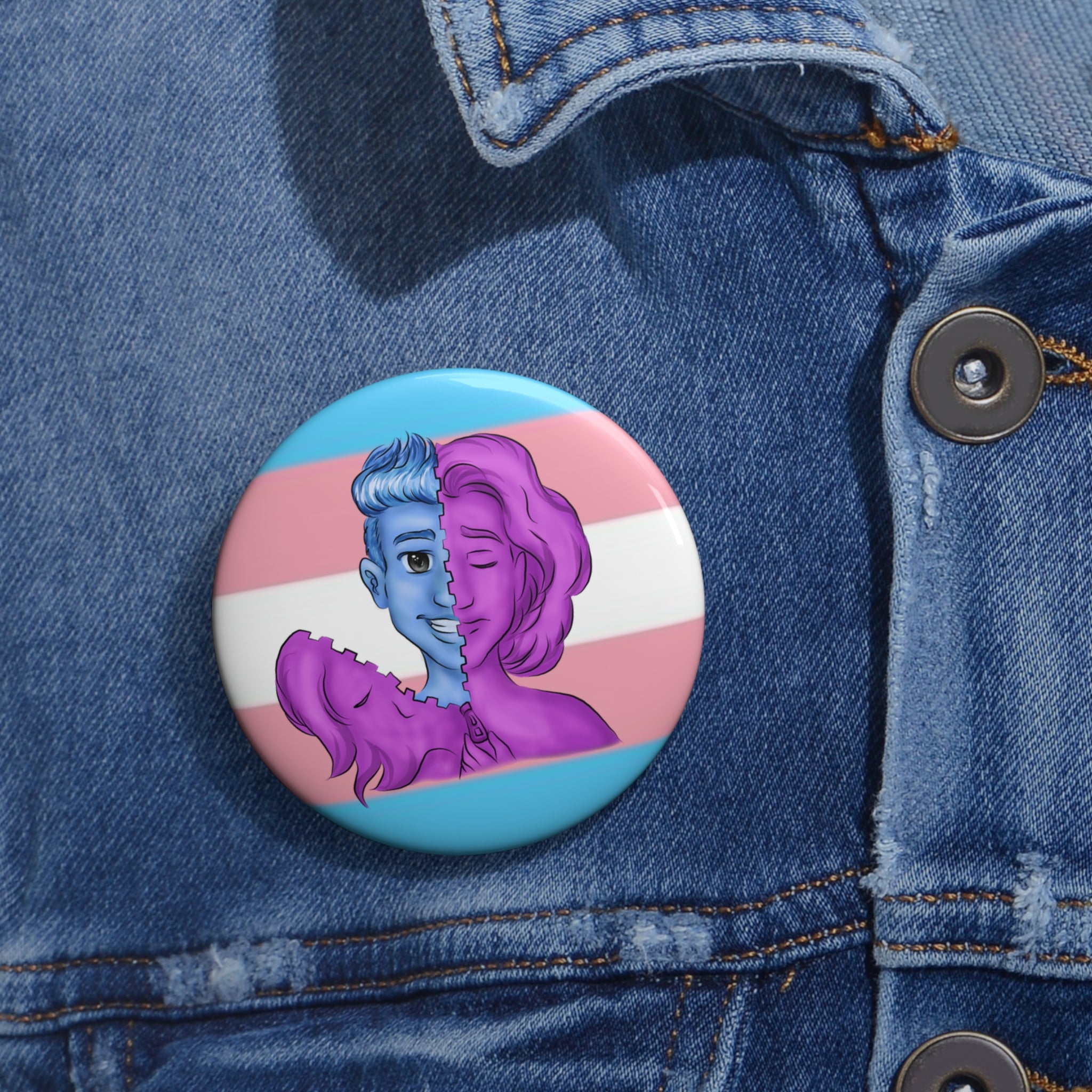 FTM Trans Pride Pin Button – Gender-Free, Transgender Flag Art, Glossy Metal, Multiple Sizes | Voce Lindx