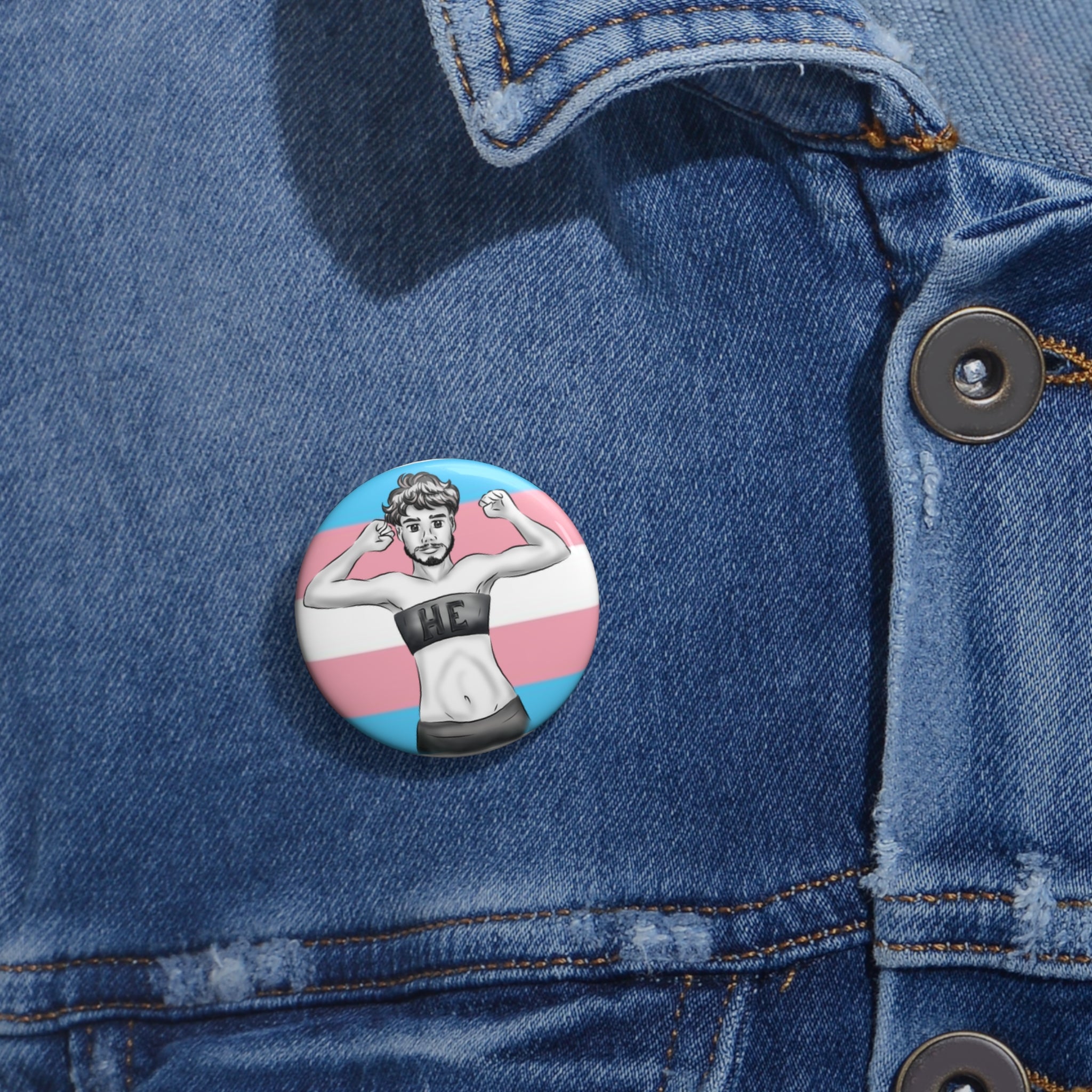 HE Pronoun Trans Pride Pin Button – Gender-Free, Transmasculine Art, Glossy Metal, Multiple Sizes | Voce Lindx