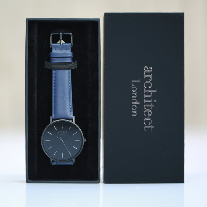 Personalised Minimalist Watch – Admiral Blue Strap, Modern Engraving | Custom Engraved Gift