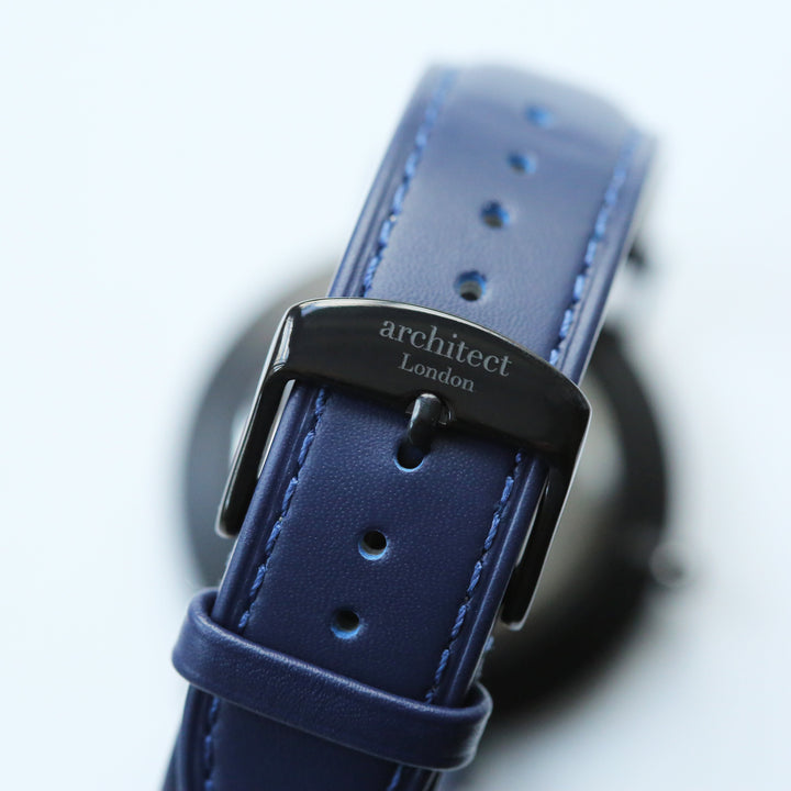 Personalised Minimalist Watch – Admiral Blue Strap, Modern Engraving | Custom Engraved Gift