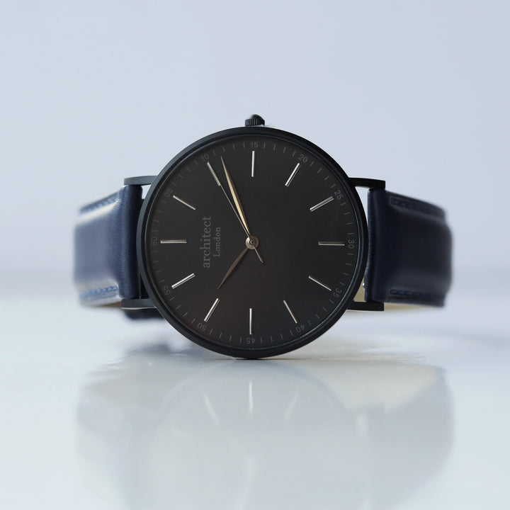 Personalised Minimalist Watch – Admiral Blue Strap, Modern Engraving | Custom Engraved Gift