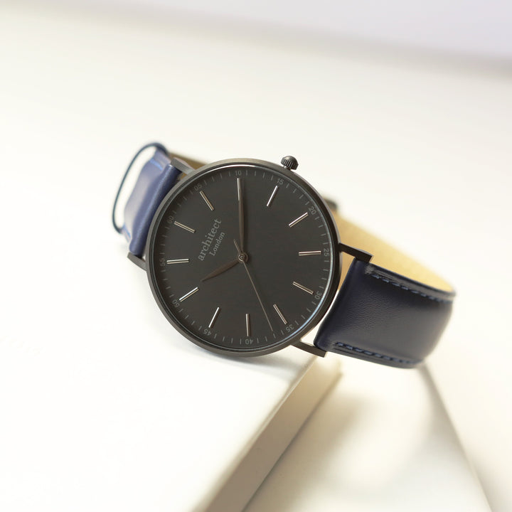 Personalised Minimalist Watch – Admiral Blue Strap, Modern Engraving | Custom Engraved Gift