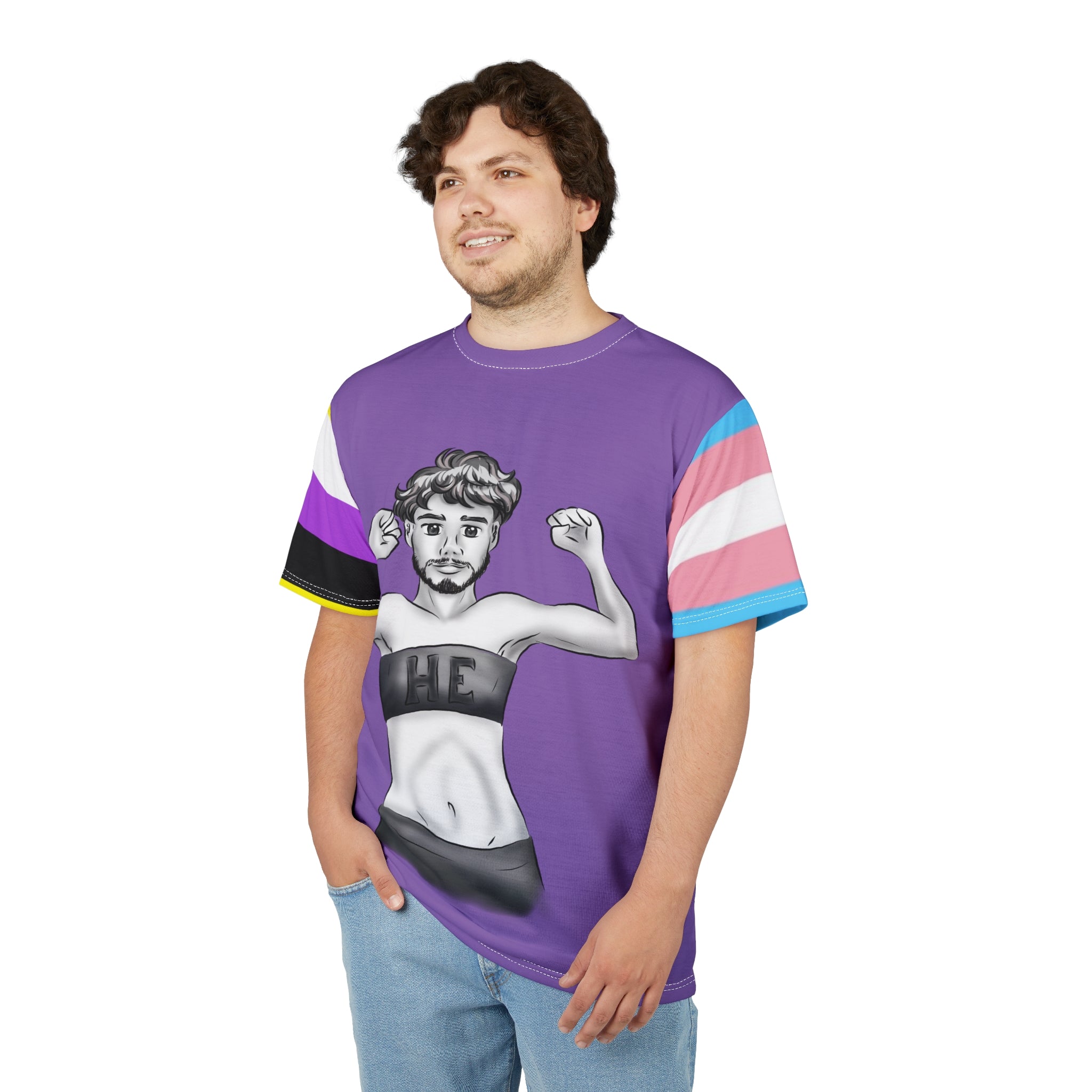 HE Gender-Free Pride Tee – Trans & Nonbinary Flag Sleeves, Inclusive LGBTQIA+ Fashion | Voce Lindx