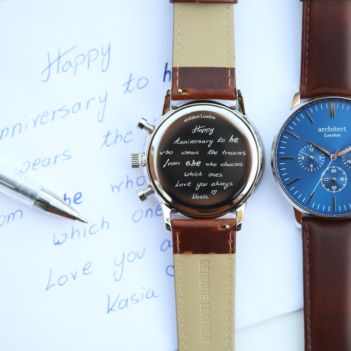 Personalised Architect Motivator Chronograph Watch – Blue Dial, Own Handwriting Engraving