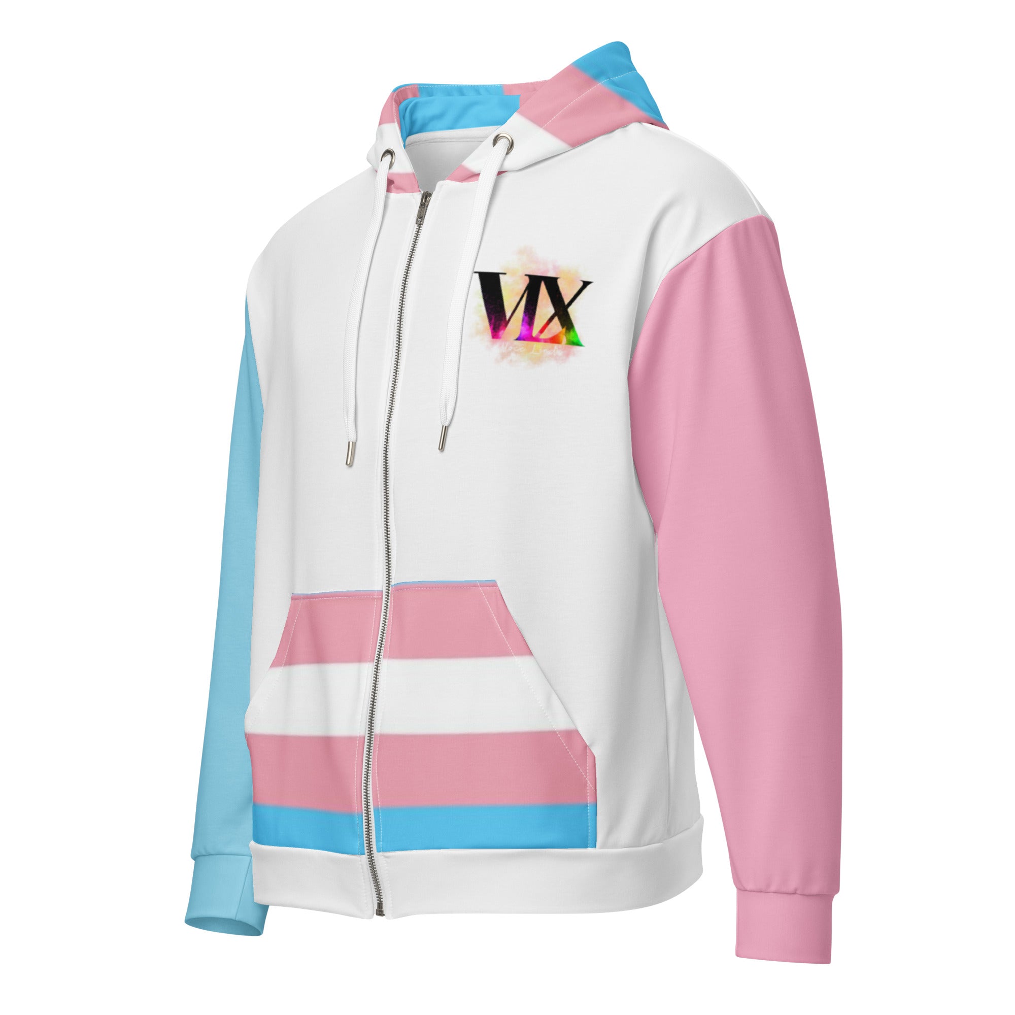Transgender Flag Zip Hoodie – Soft Fleece, Metal Zip & Front Pockets | Inclusive Pride Wear by Voce Lindx