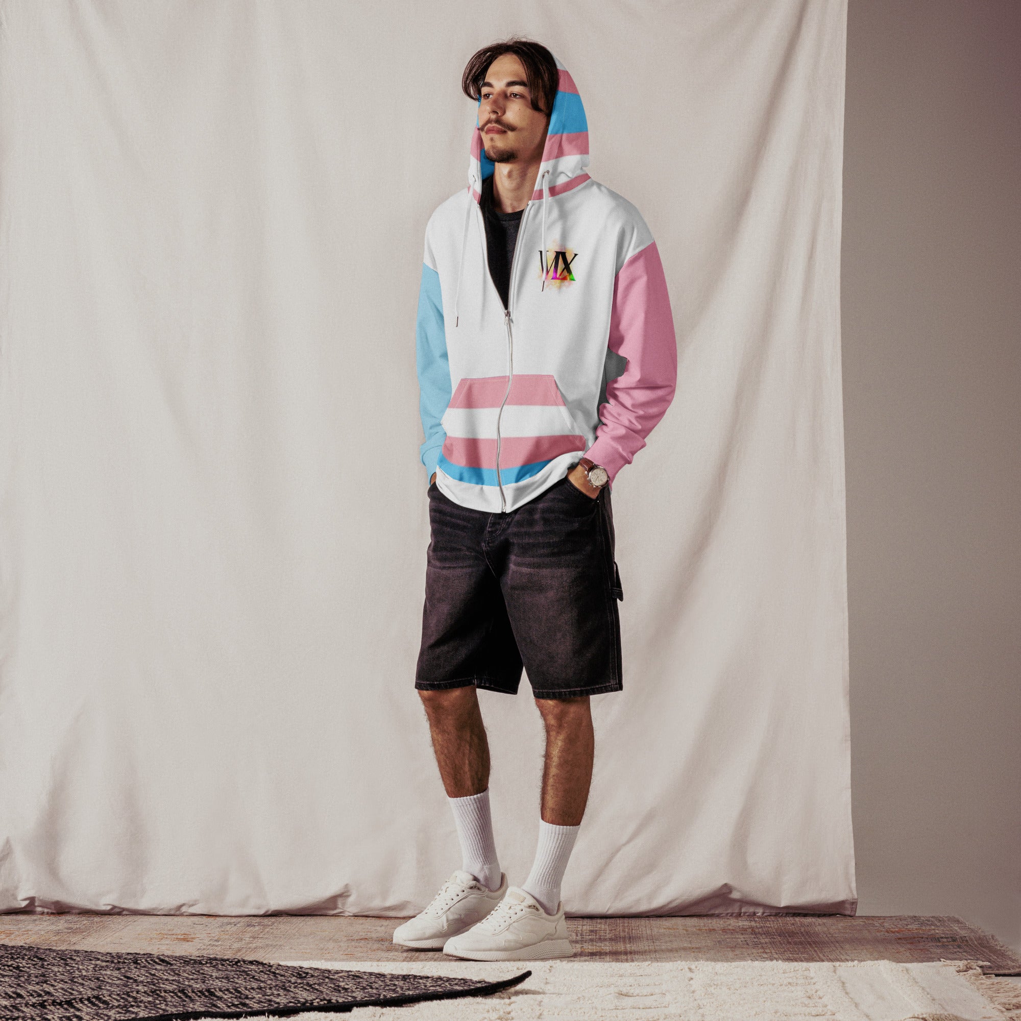Transgender Flag Zip Hoodie – Soft Fleece, Metal Zip & Front Pockets | Inclusive Pride Wear by Voce Lindx