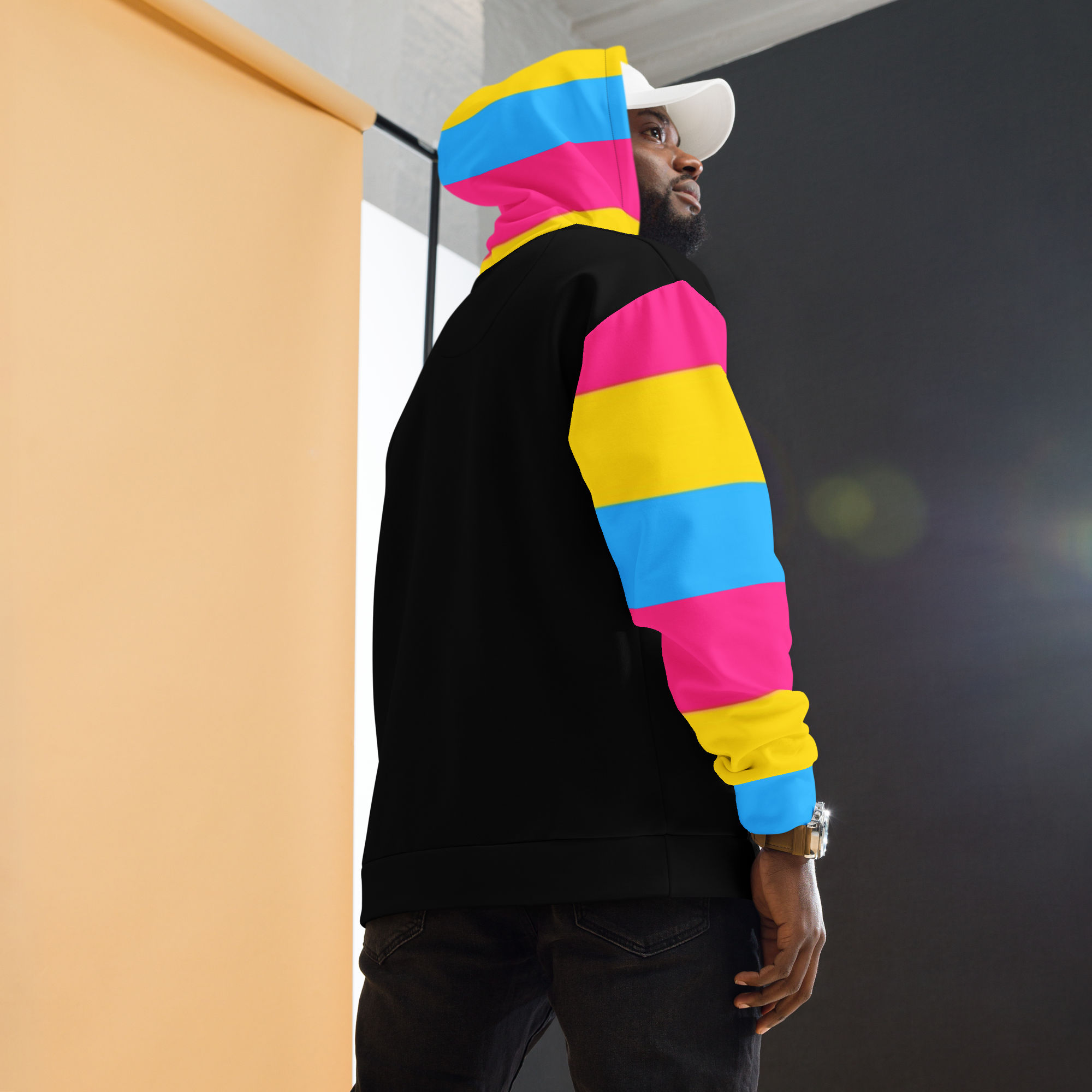 VOCE LINDX Pansexual Flag Hoodie – 95 % Recycled Polyester & 5 % Spandex, Brushed Fleece, Flag Design