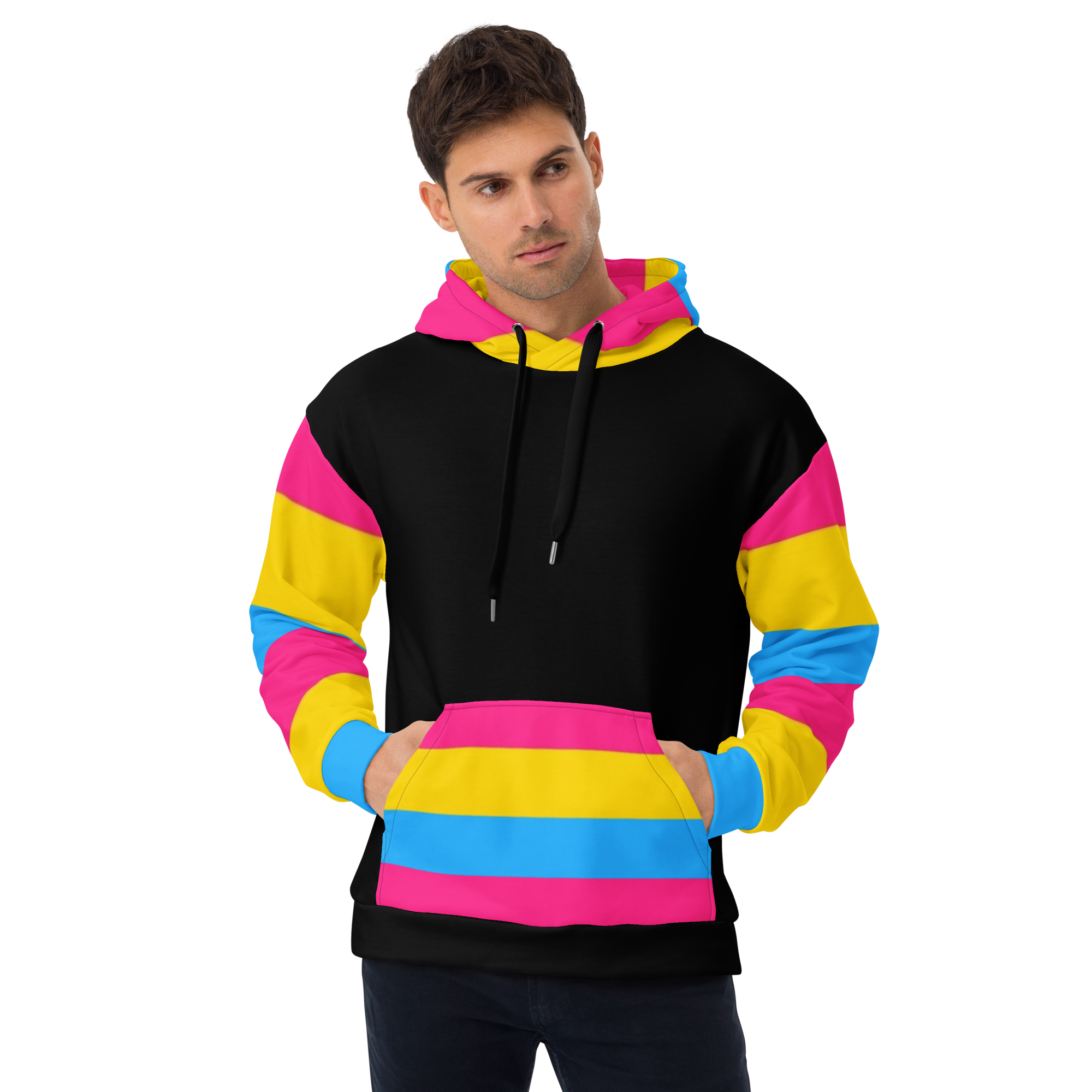 VOCE LINDX Pansexual Flag Hoodie – 95 % Recycled Polyester & 5 % Spandex, Brushed Fleece, Flag Design