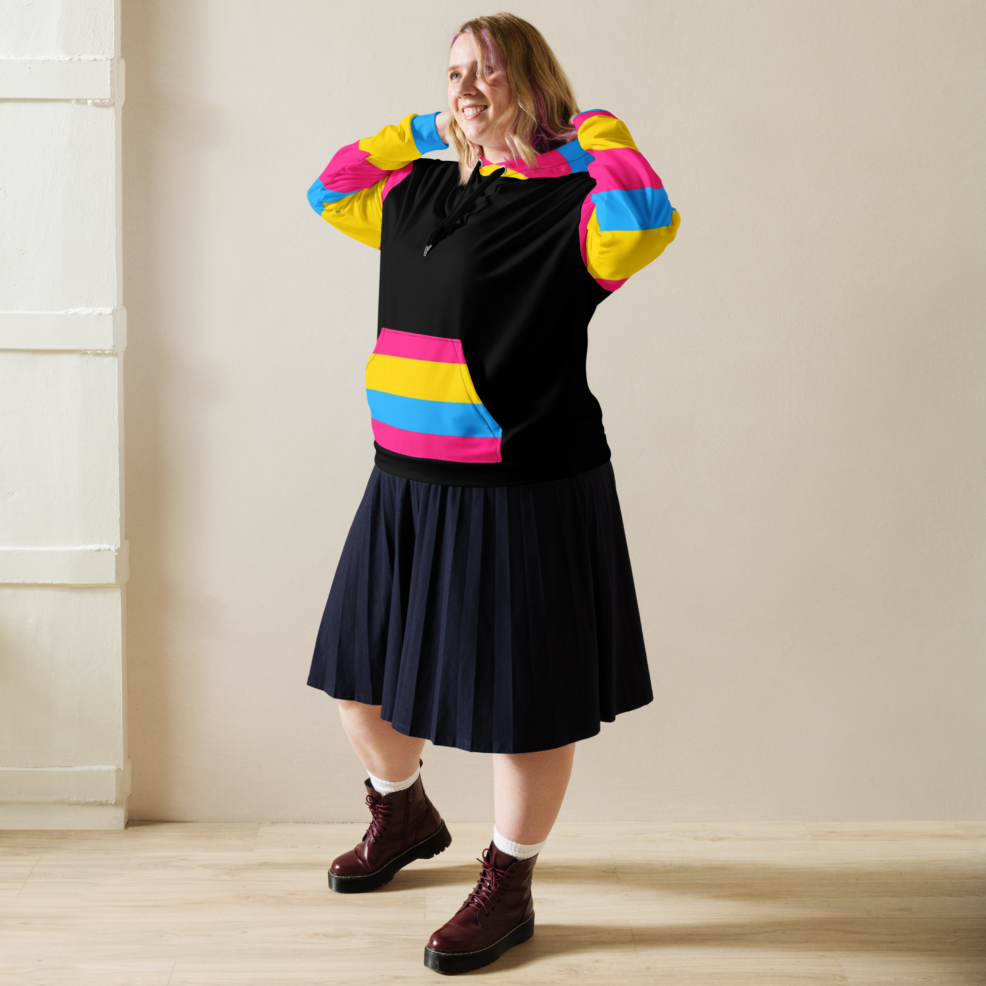VOCE LINDX Pansexual Flag Hoodie – 95 % Recycled Polyester & 5 % Spandex, Brushed Fleece, Flag Design