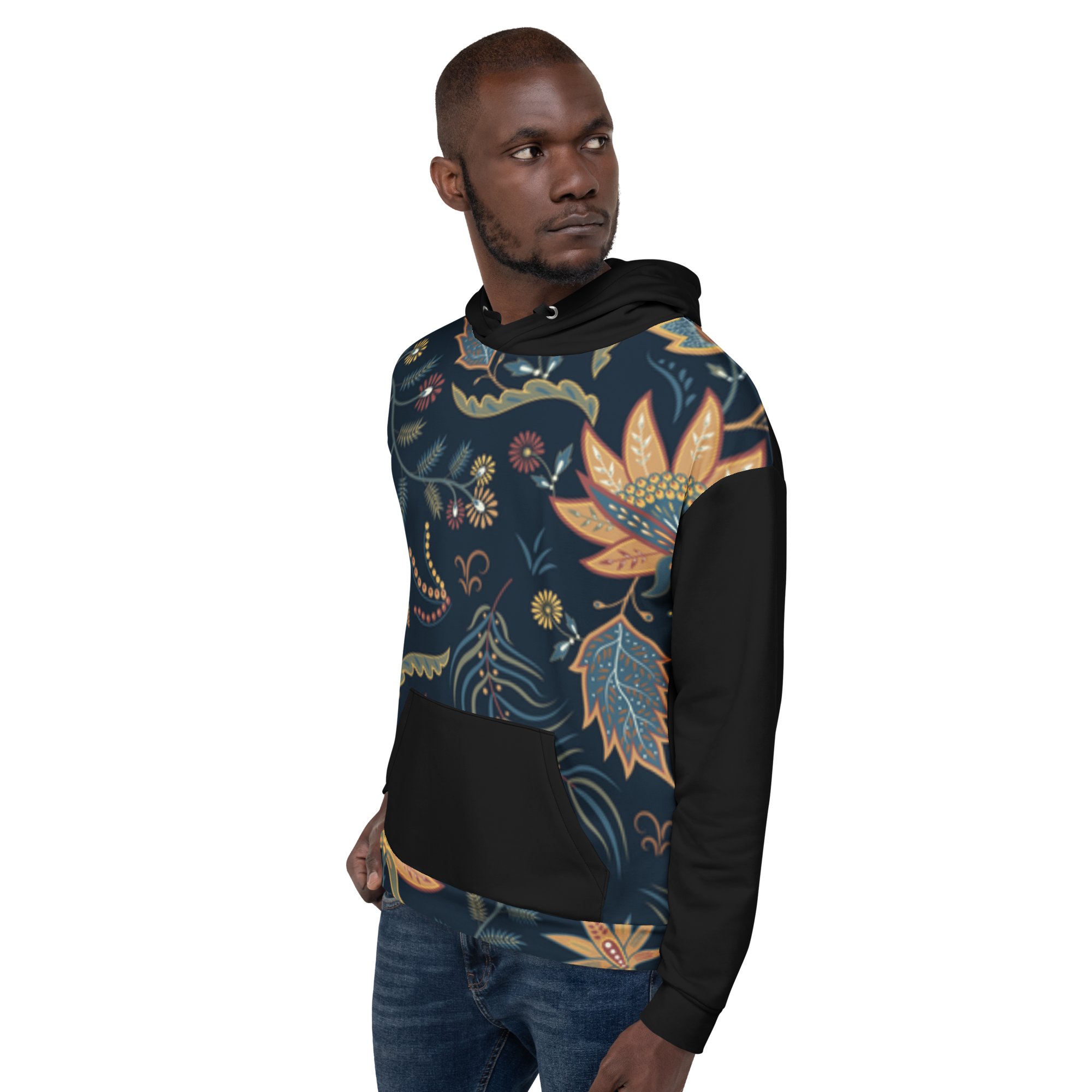 Blue Floral Hoodie with “He” Statement – Soft & Empowering | Comfortable Fit
