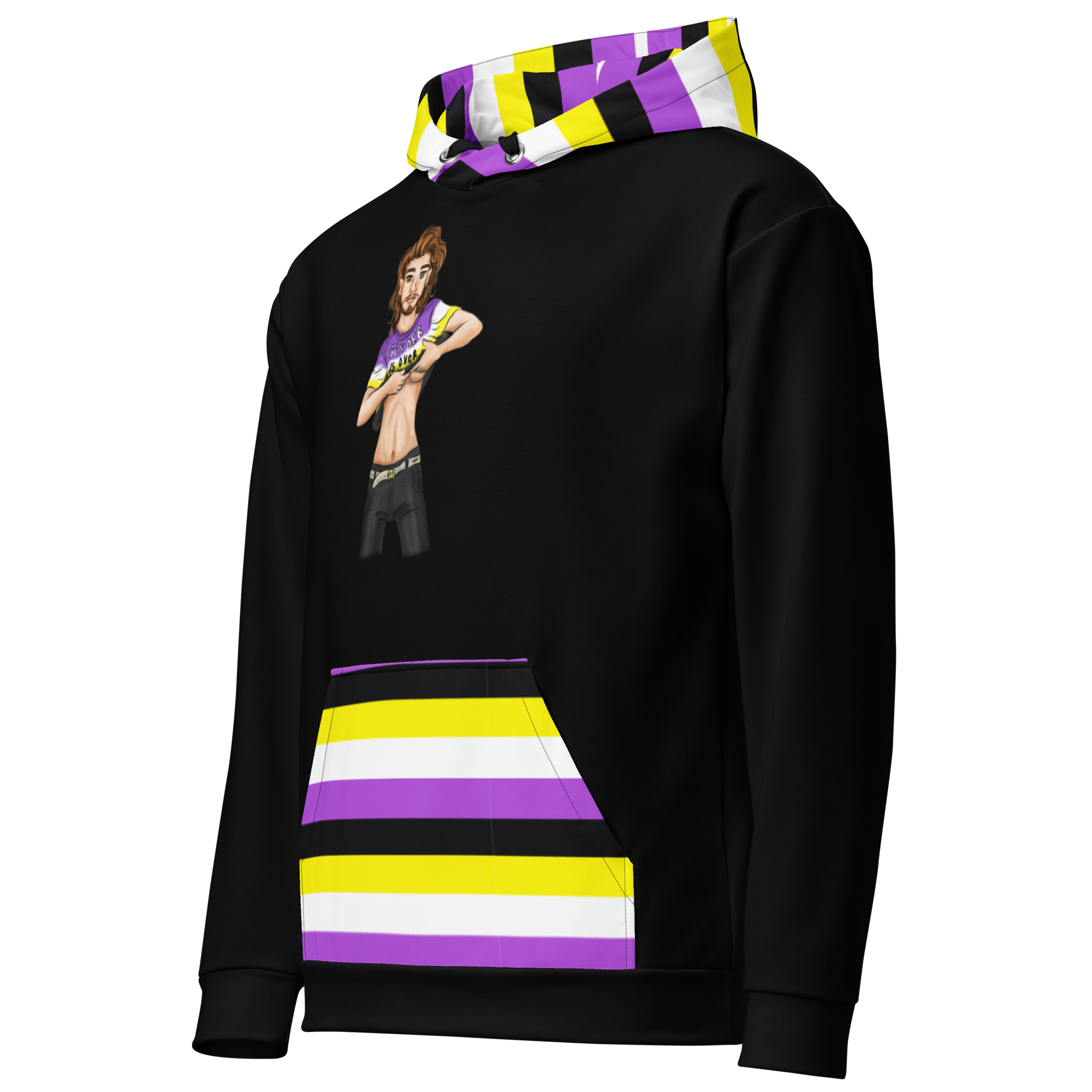 “Gender Is Over” Non-Binary Pride Hoodie – Purple, Yellow, White & Black | Inclusive Statement Style