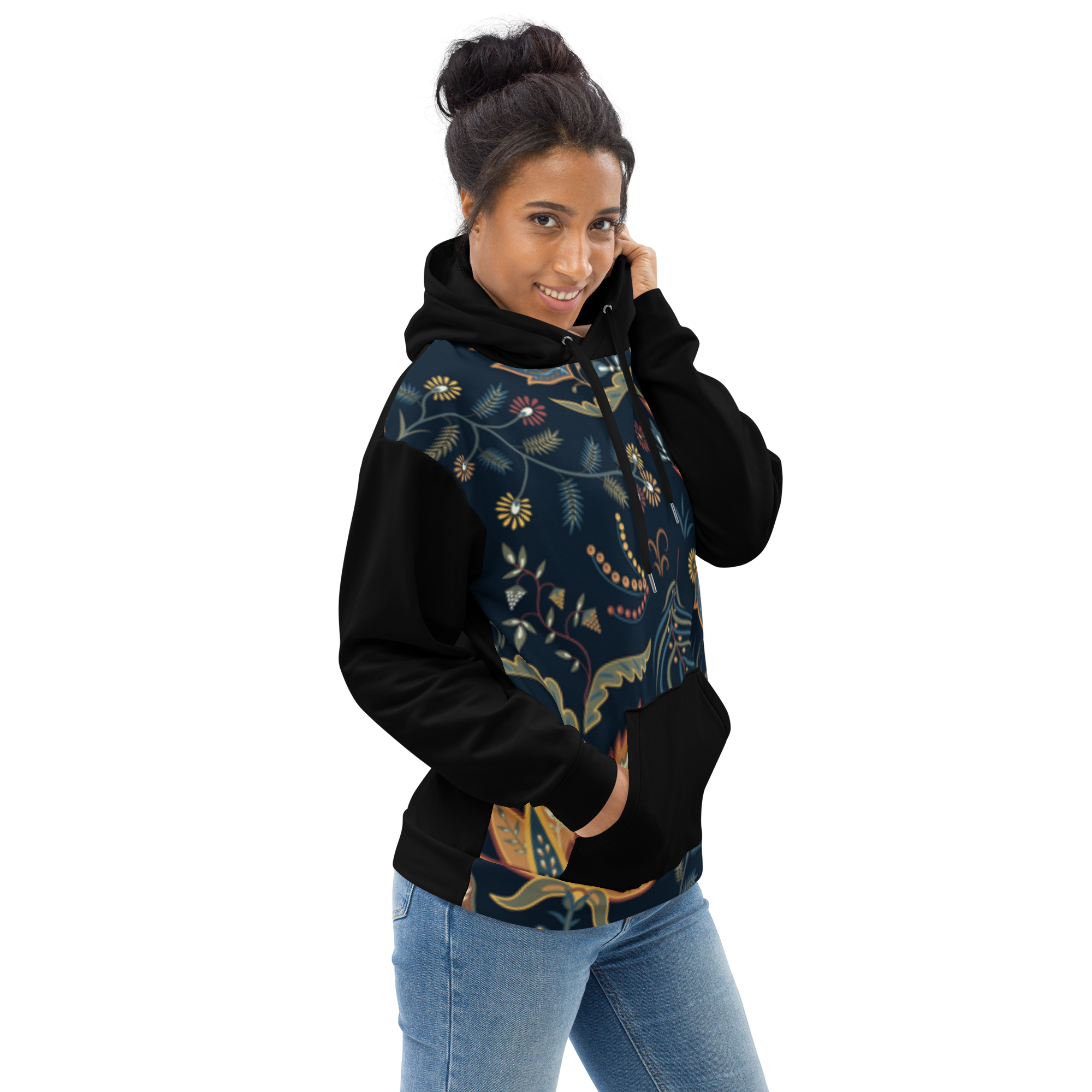 Blue Floral Hoodie with “He” Statement – Soft & Empowering | Comfortable Fit