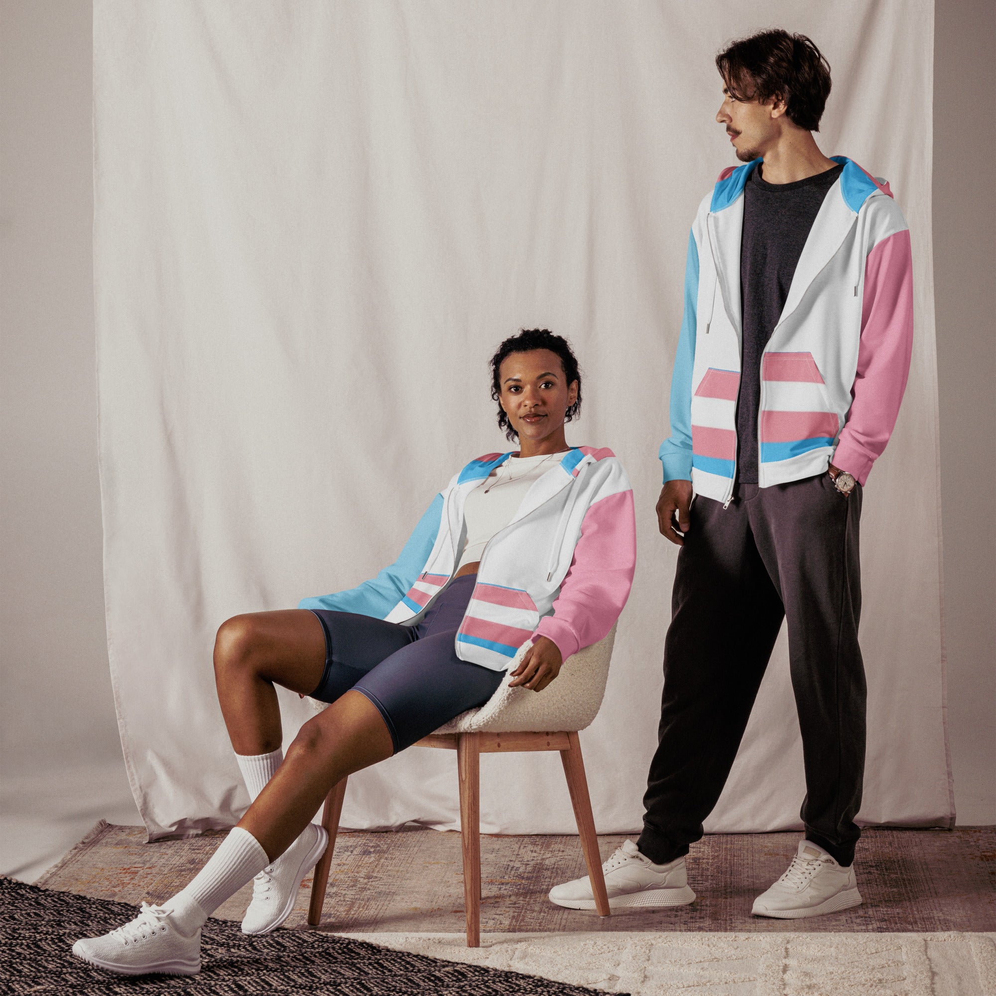 Transgender Flag Zip Hoodie – Soft Fleece, Metal Zip & Front Pockets | Inclusive Pride Wear by Voce Lindx