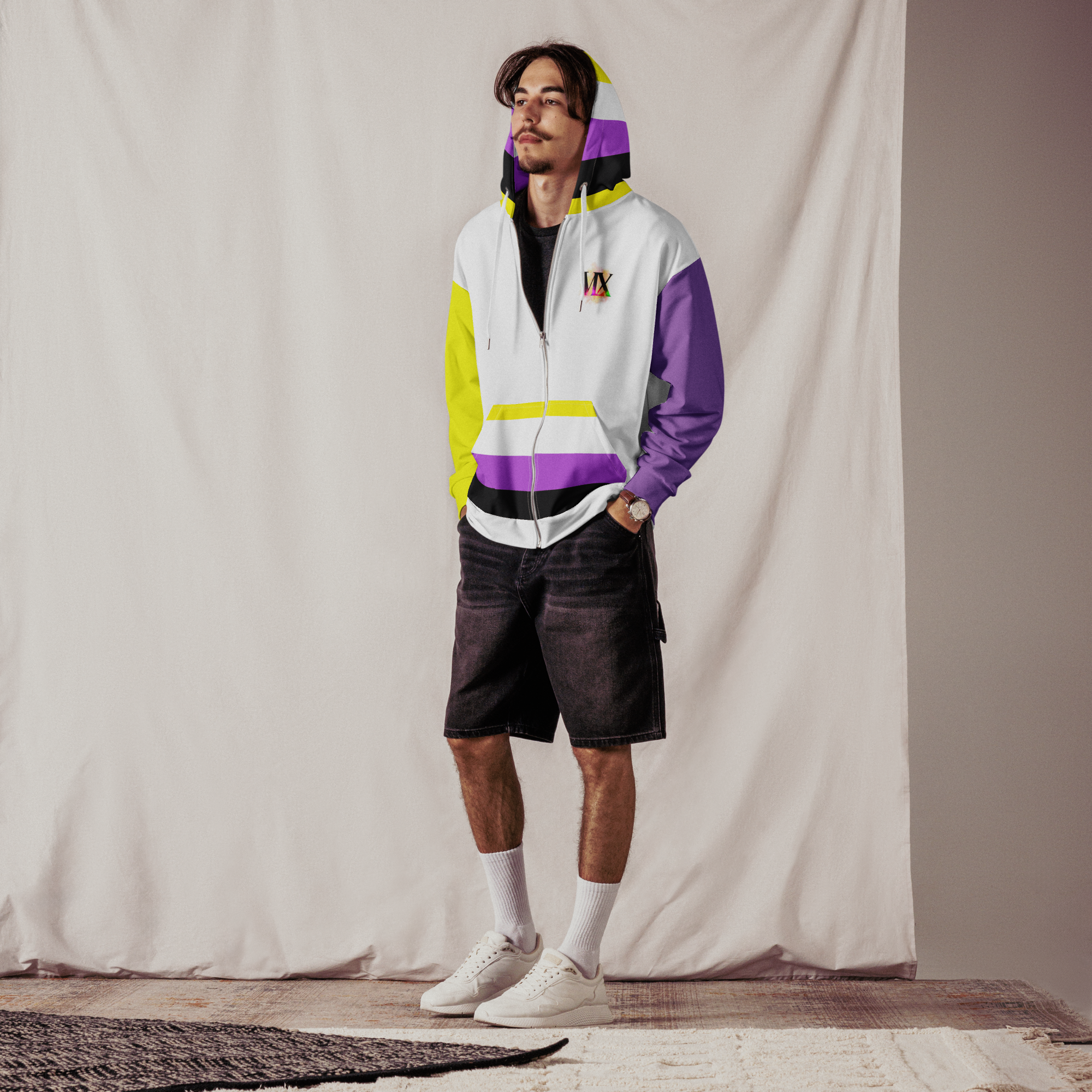 Nonbinary Pride Zip Hoodie – Soft Fleece, Metal Zip, Front Pockets, Inclusive Fit | Voce Lindx