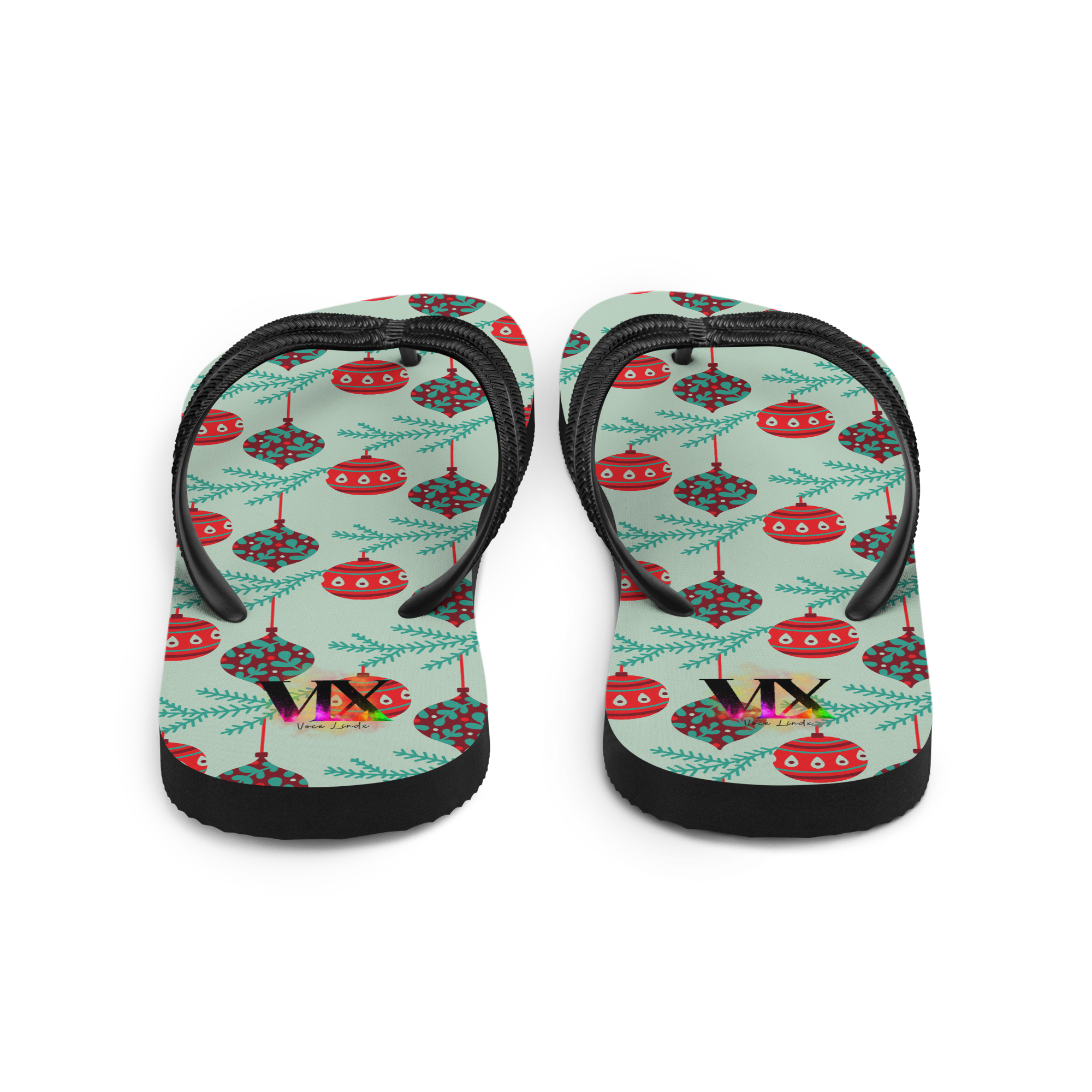 VOCE LINDX Christmas Baubles Flip‑Flops – Festive Ornament Print, Cushioned Sole & Non‑Slip Grip – Fun Seasonal Footwear