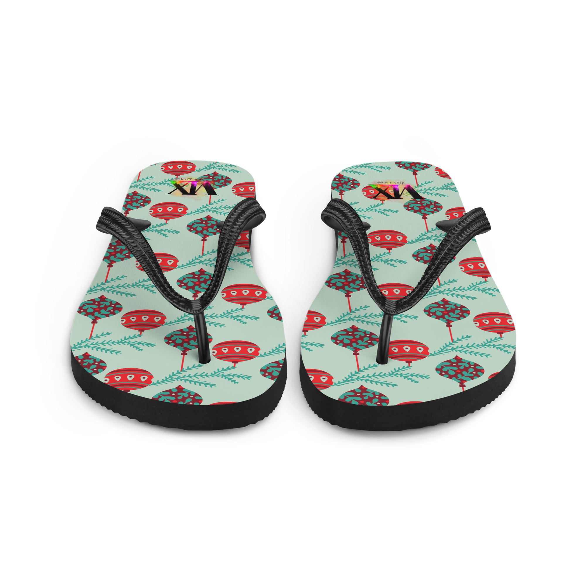 VOCE LINDX Christmas Baubles Flip‑Flops – Festive Ornament Print, Cushioned Sole & Non‑Slip Grip – Fun Seasonal Footwear