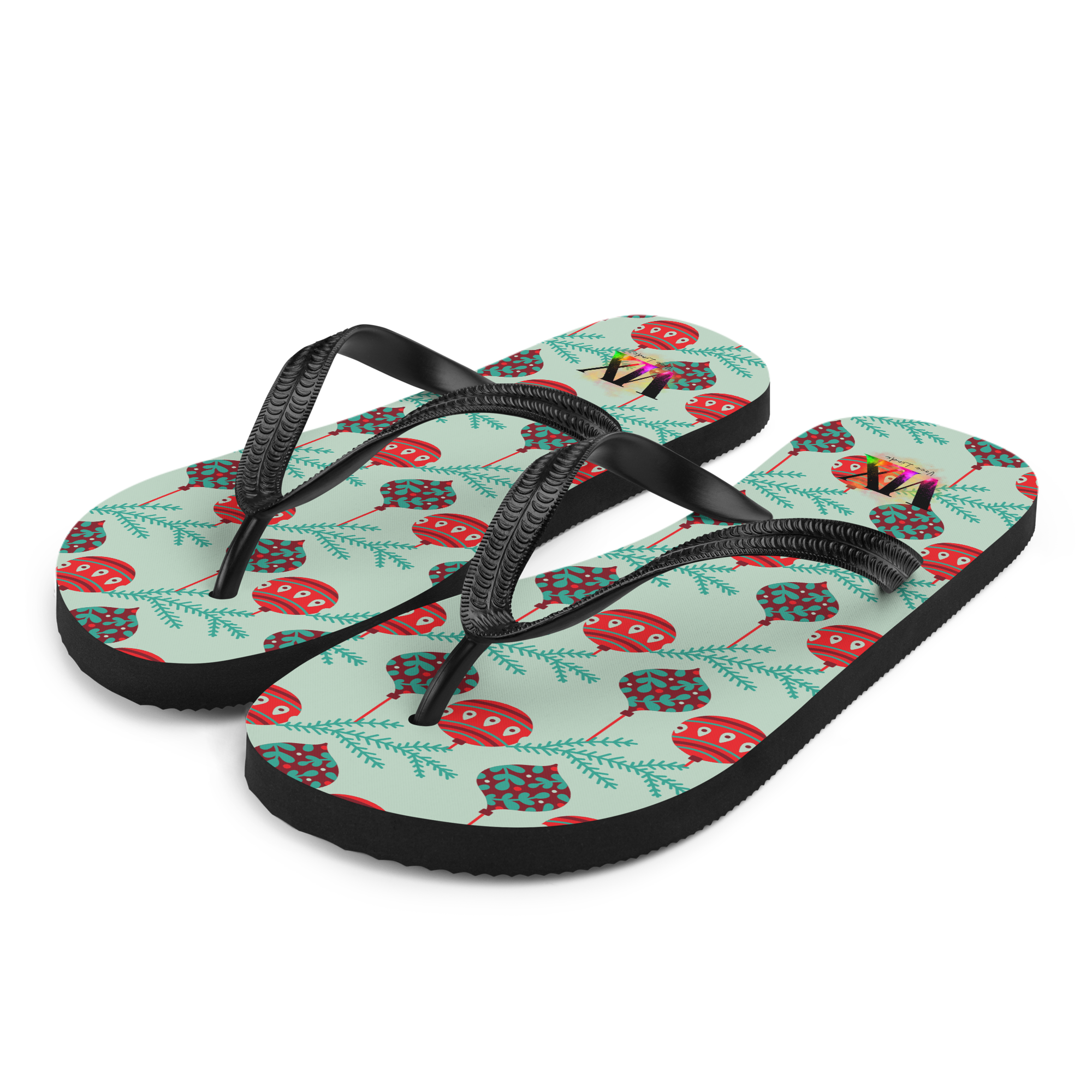 VOCE LINDX Christmas Baubles Flip‑Flops – Festive Ornament Print, Cushioned Sole & Non‑Slip Grip – Fun Seasonal Footwear