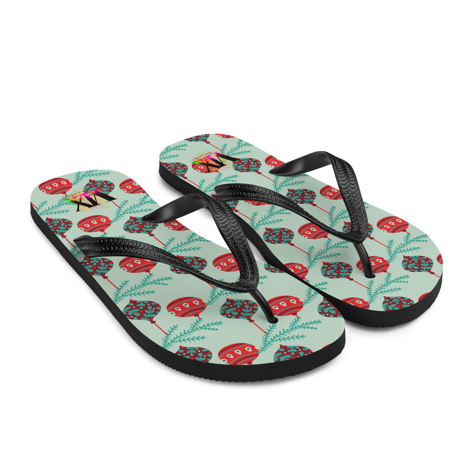 VOCE LINDX Christmas Baubles Flip‑Flops – Festive Ornament Print, Cushioned Sole & Non‑Slip Grip – Fun Seasonal Footwear