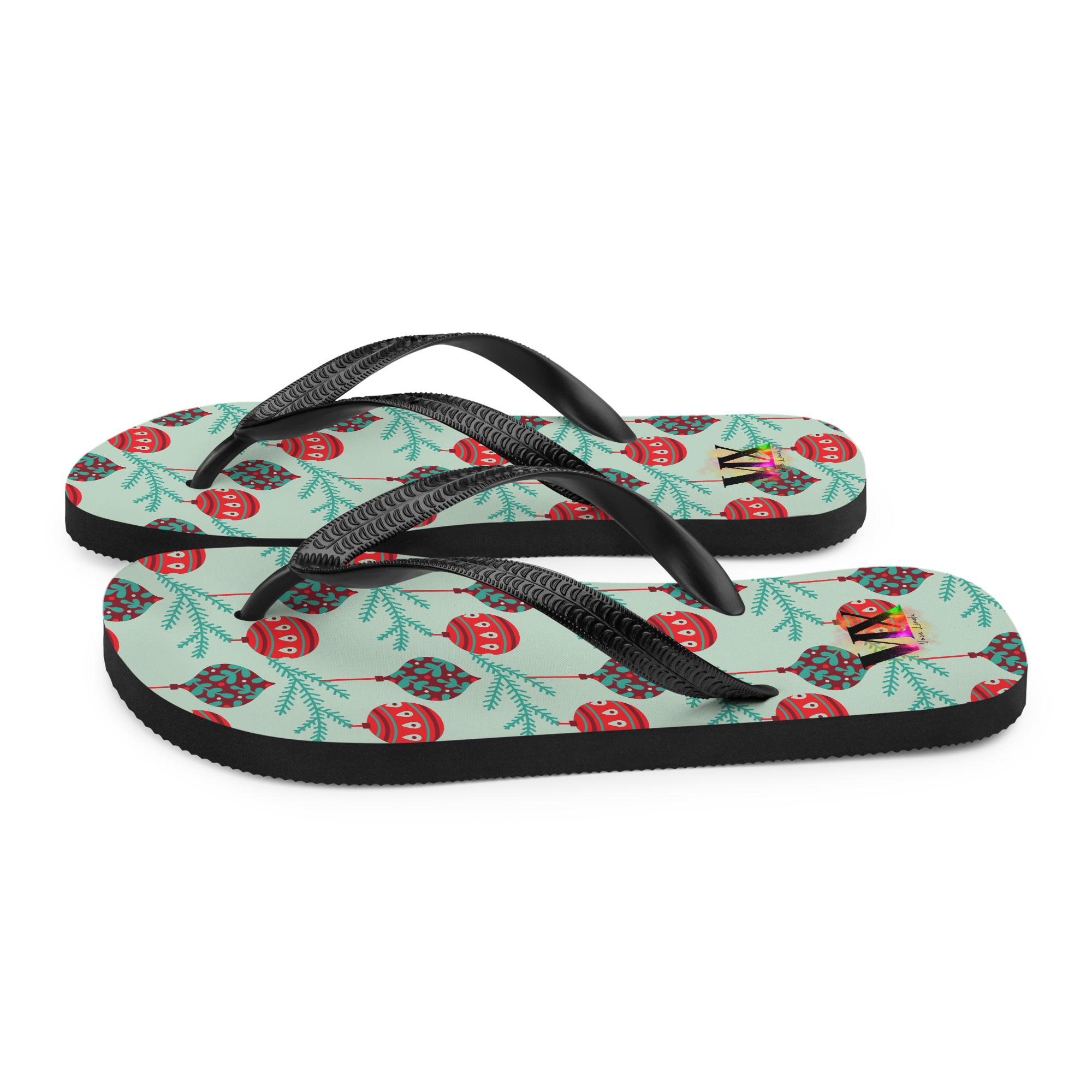 VOCE LINDX Christmas Baubles Flip‑Flops – Festive Ornament Print, Cushioned Sole & Non‑Slip Grip – Fun Seasonal Footwear