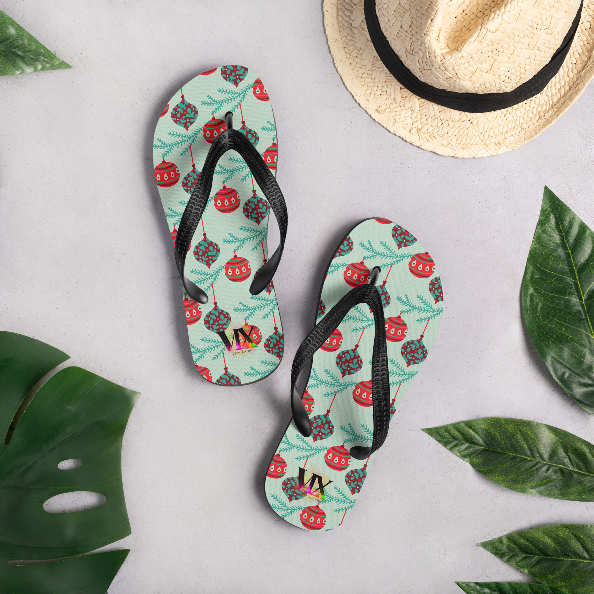 VOCE LINDX Christmas Baubles Flip‑Flops – Festive Ornament Print, Cushioned Sole & Non‑Slip Grip – Fun Seasonal Footwear