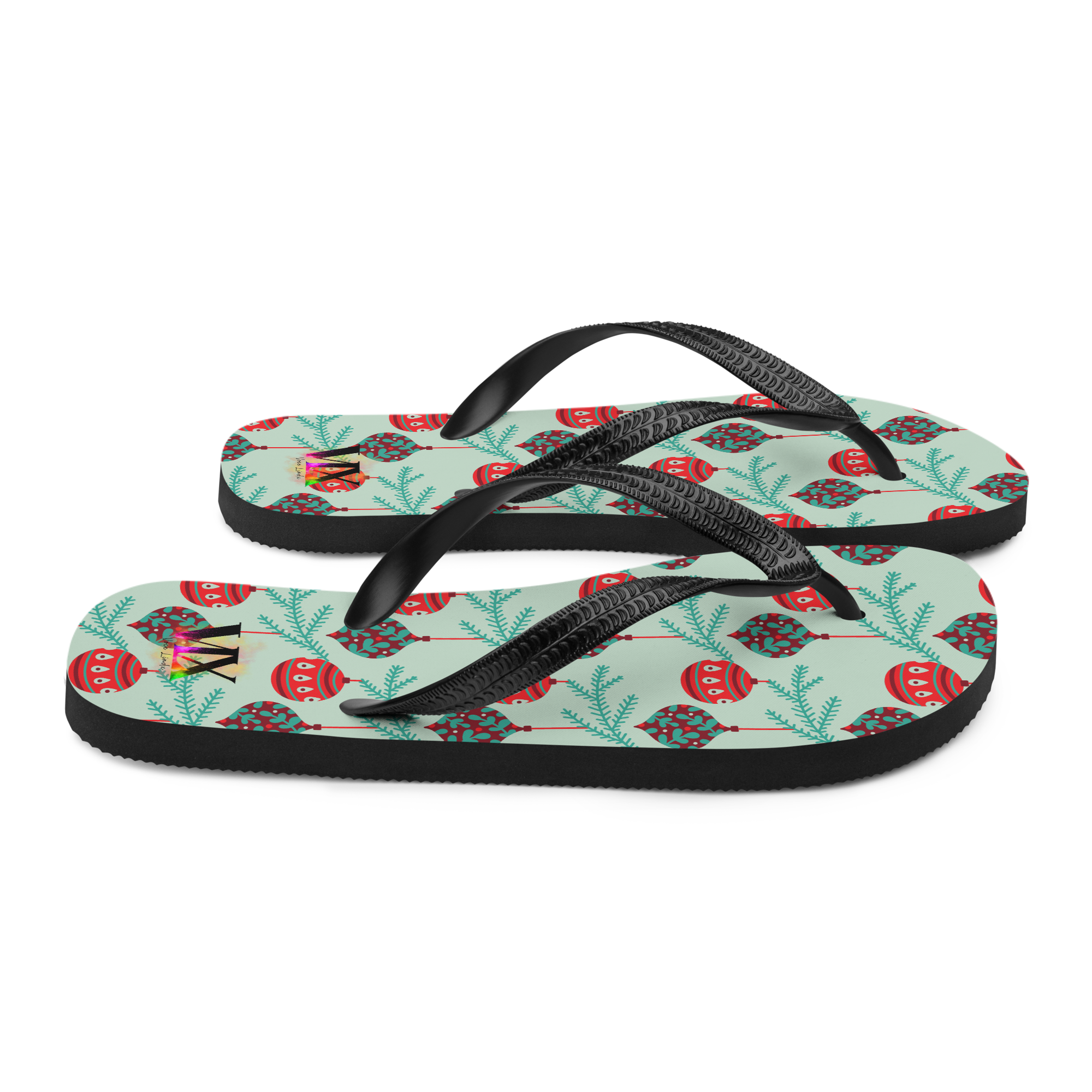 VOCE LINDX Christmas Baubles Flip‑Flops – Festive Ornament Print, Cushioned Sole & Non‑Slip Grip – Fun Seasonal Footwear