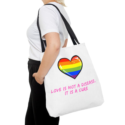 Rainbow Heart Pride Tote Bag – “Love Is Not a Disease, It Is a Cure”, Durable Polyester, Multiple Sizes | Inclusive LGBTQIA+ Accessory | Voce Lindx