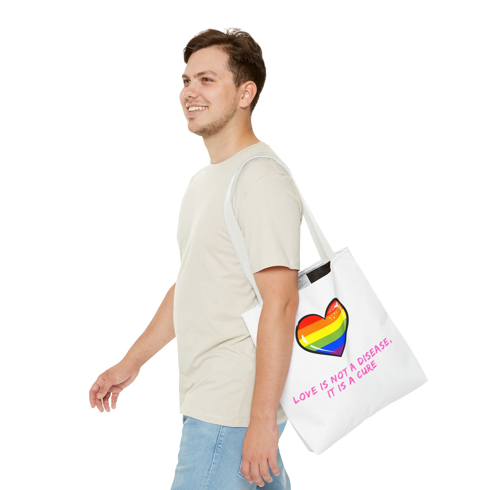 Rainbow Heart Pride Tote Bag – “Love Is Not a Disease, It Is a Cure”, Durable Polyester, Multiple Sizes | Inclusive LGBTQIA+ Accessory | Voce Lindx