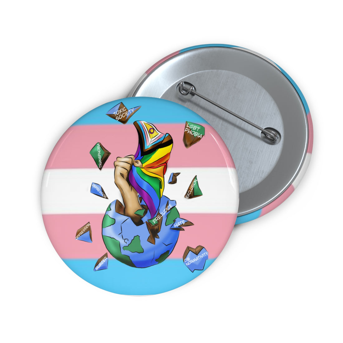 Resistance Pride Pin Button – Gender-Free, Progress &amp; Trans Flag Art, Glossy Metal, Multiple Sizes | Voce Lindx