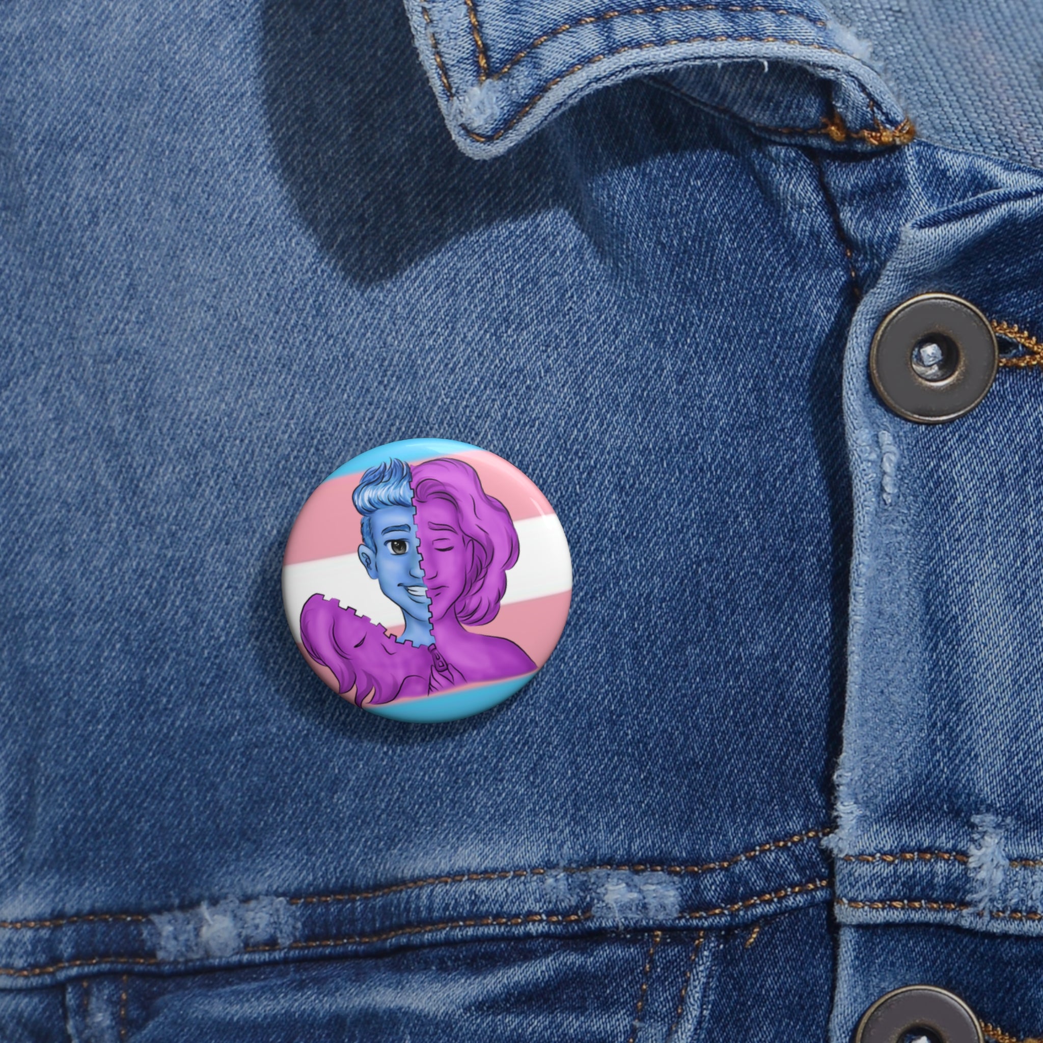 FTM Trans Pride Pin Button – Gender-Free, Transgender Flag Art, Glossy Metal, Multiple Sizes | Voce Lindx