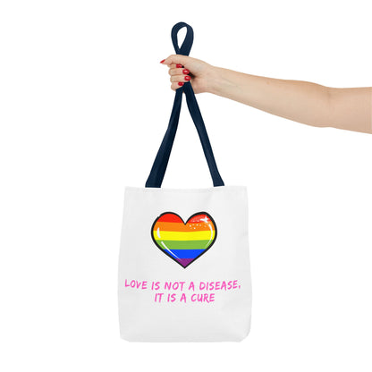 Rainbow Heart Pride Tote Bag – “Love Is Not a Disease, It Is a Cure”, Durable Polyester, Multiple Sizes | Inclusive LGBTQIA+ Accessory | Voce Lindx