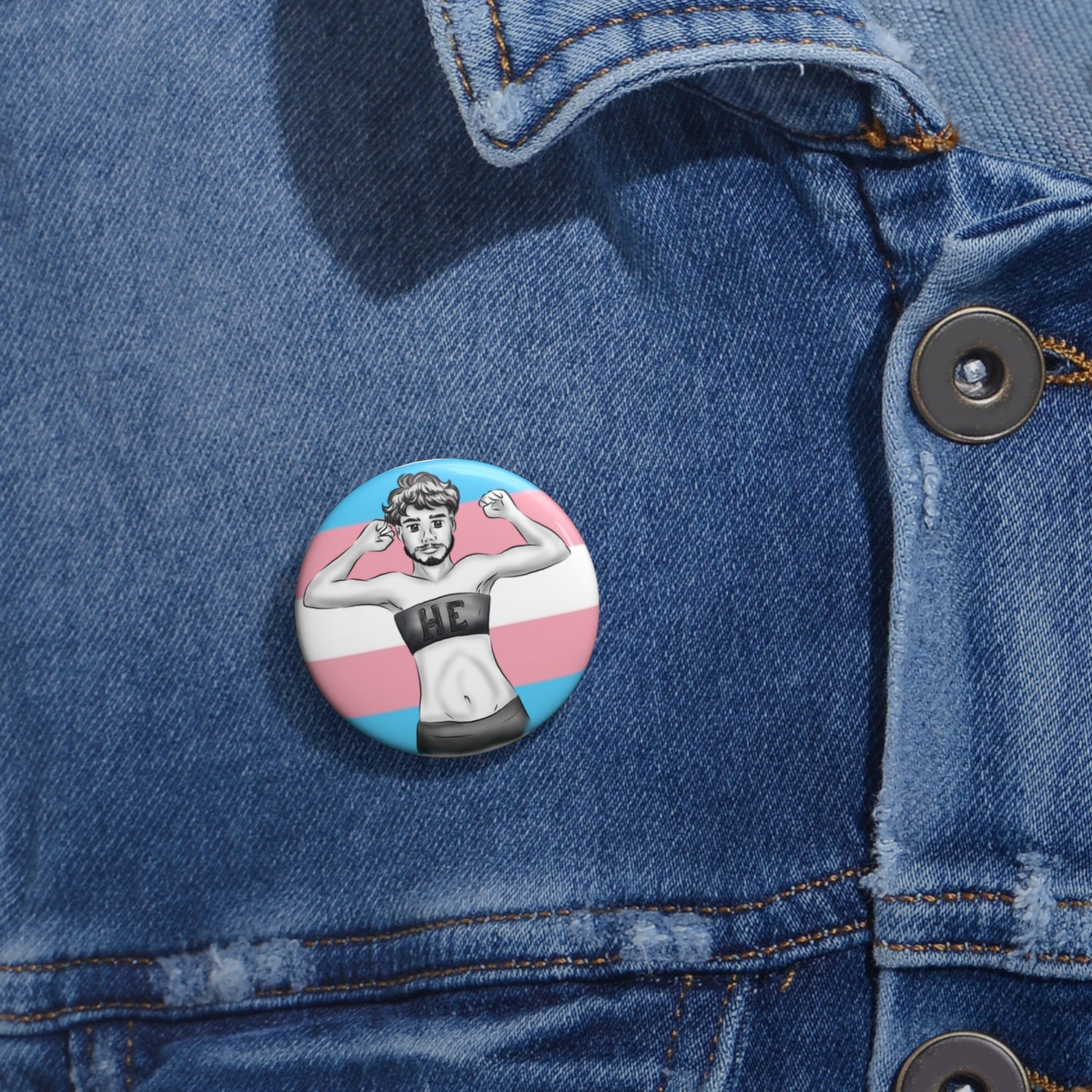 HE Pronoun Trans Pride Pin Button – Gender-Free, Transmasculine Art, Glossy Metal, Multiple Sizes | Voce Lindx