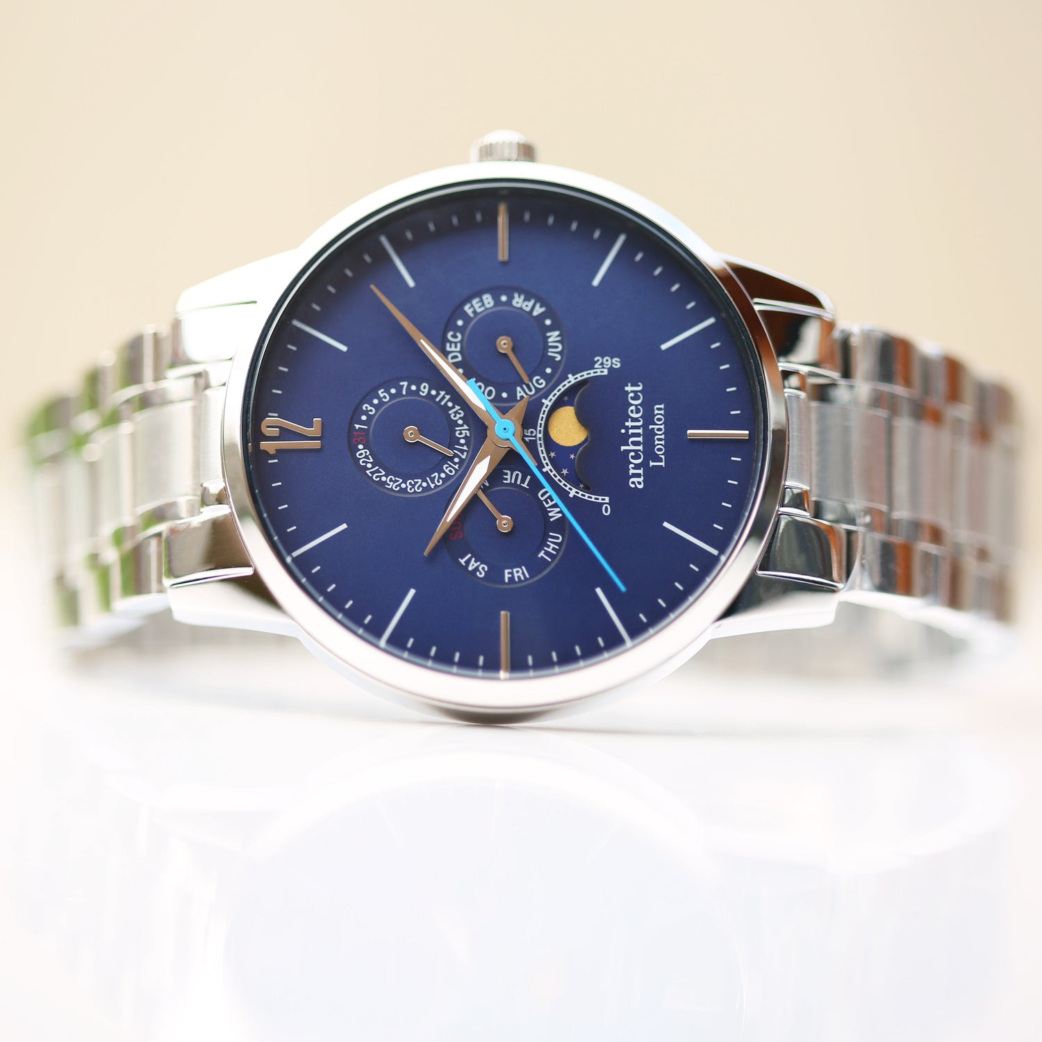 Architect Apollo blue dial watch, engraved case back – Voce Lindx