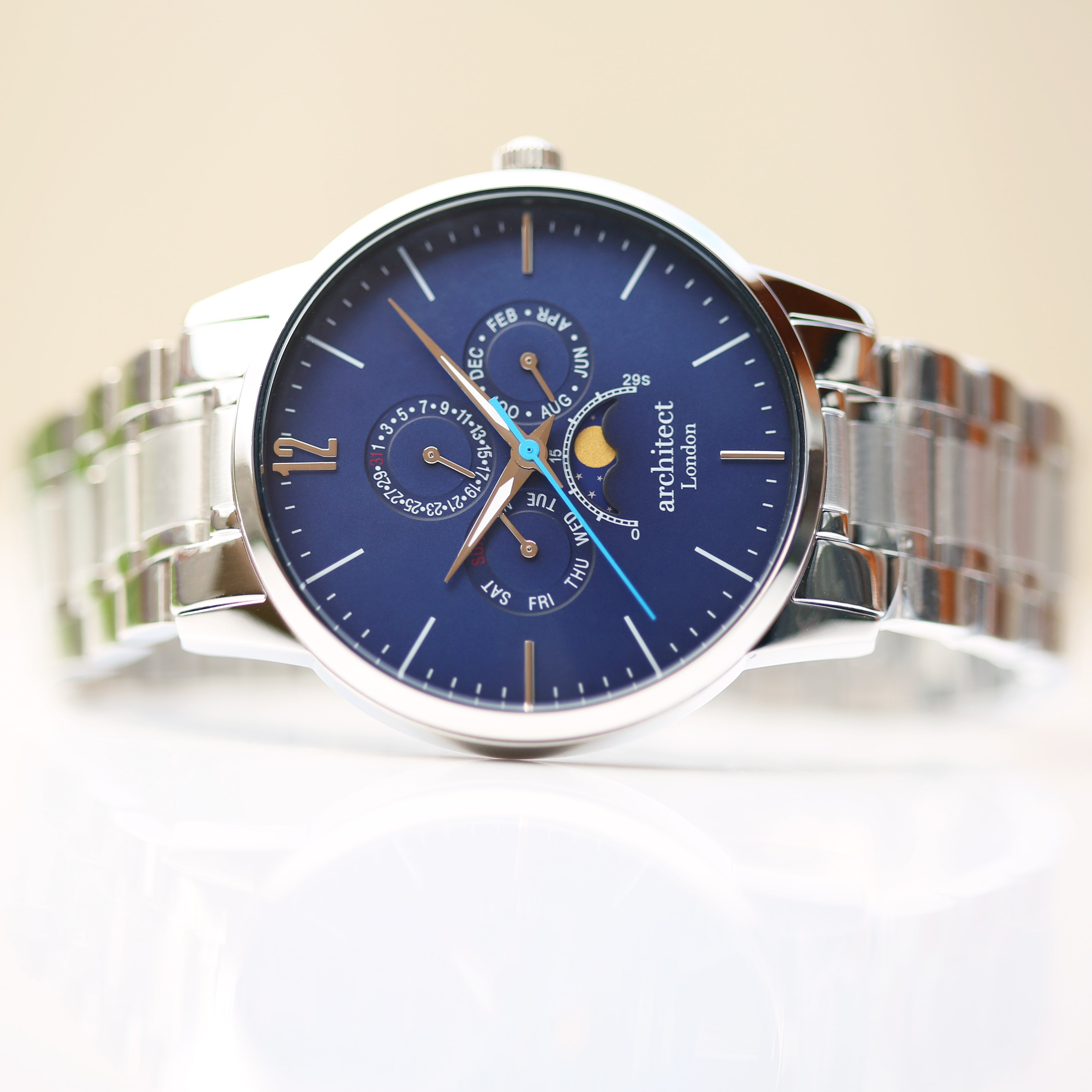 Architect Apollo blue dial watch, engraved case back – Voce Lindx