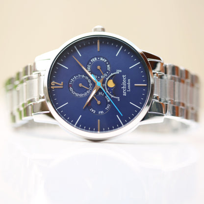 Architect Apollo blue dial watch, engraved case back – Voce Lindx