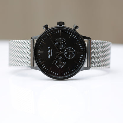 Personalised Architect Motivator Watch – Black Dial, Silver Mesh, Modern Engraving