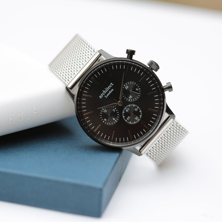Personalised Architect Motivator Watch – Black Dial, Silver Mesh, Modern Engraving