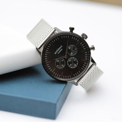 Personalised Architect Motivator Watch – Black Dial, Silver Mesh, Modern Engraving