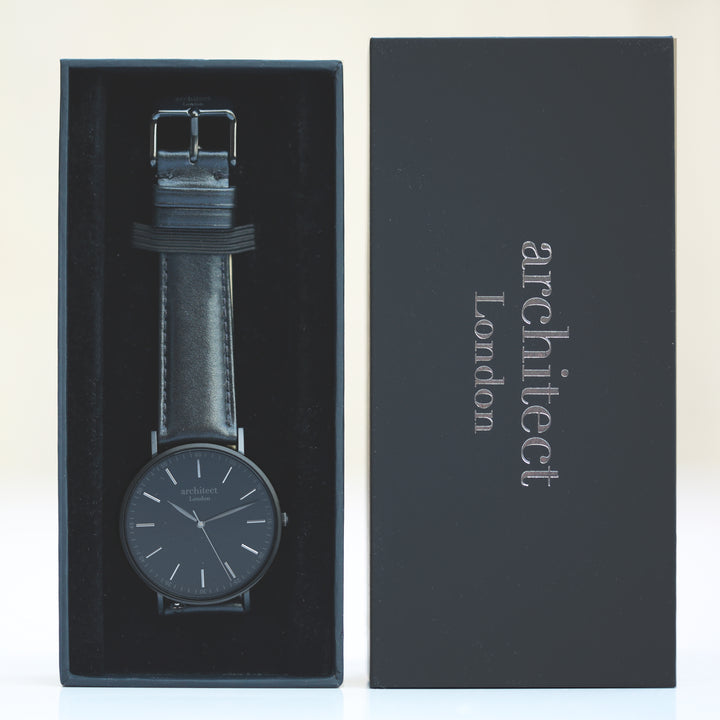Personalised Minimalist Watch – Jet Black Strap, Modern Engraving | Custom Engraved Gift