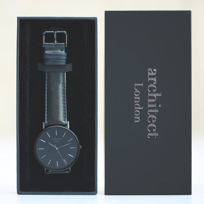 Personalised Minimalist Watch – Jet Black Strap, Modern Engraving | Custom Engraved Gift