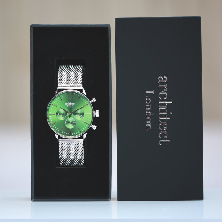 Personalised Architect Motivator Watch – Envy Green, Silver Mesh, Modern Engraving