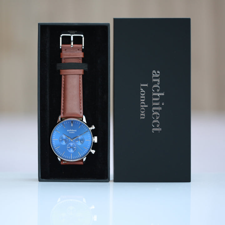 Personalised Architect Motivator Chronograph Watch – Blue Dial, Own Handwriting Engraving