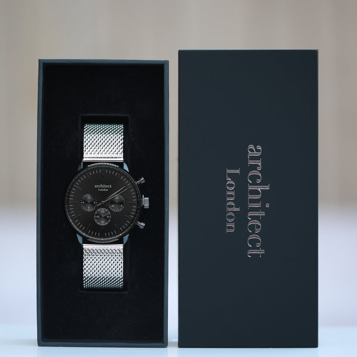 Personalised Architect Motivator Watch – Black Dial, Silver Mesh, Modern Engraving