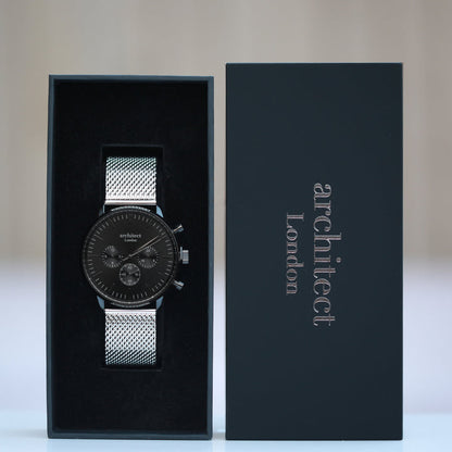Personalised Architect Motivator Watch – Black Dial, Silver Mesh, Modern Engraving