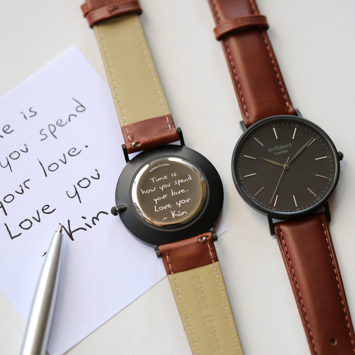 Personalised Minimalist Watch - Walnut Strap, Own Handwriting Engraving Keepsake