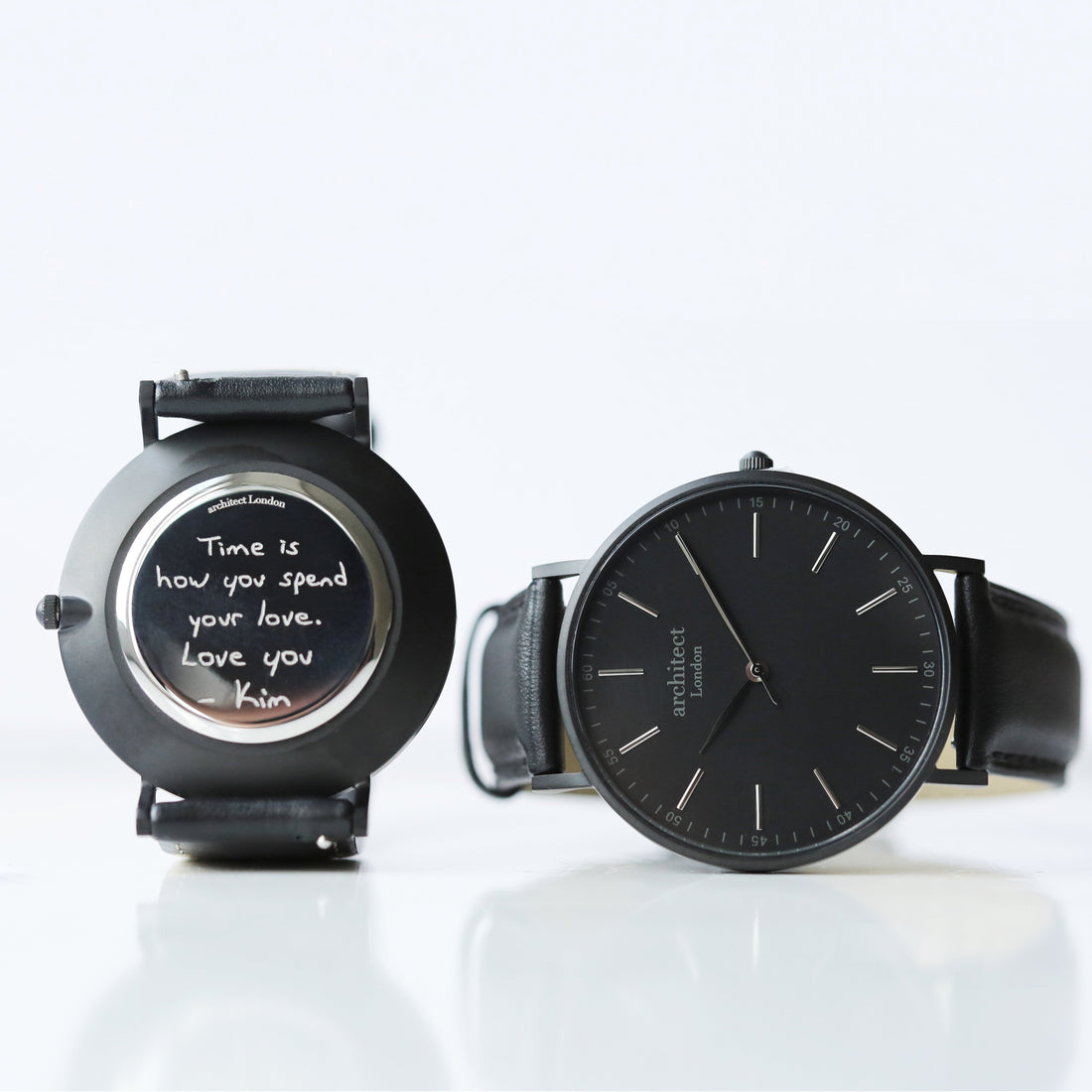 Personalised Minimalist Watch - Jet Black Strap, Own Handwriting Engraving Keepsake