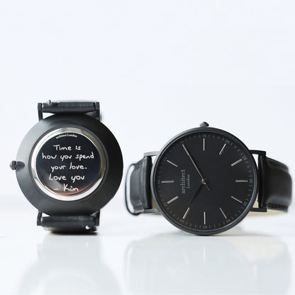 Personalised Minimalist Watch - Jet Black Strap, Own Handwriting Engraving Keepsake