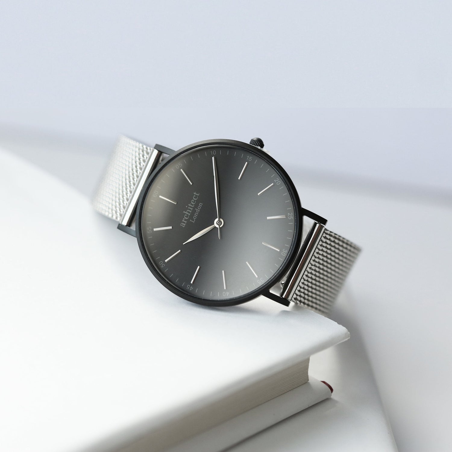 Personalised minimalist watch with steel silver mesh strap