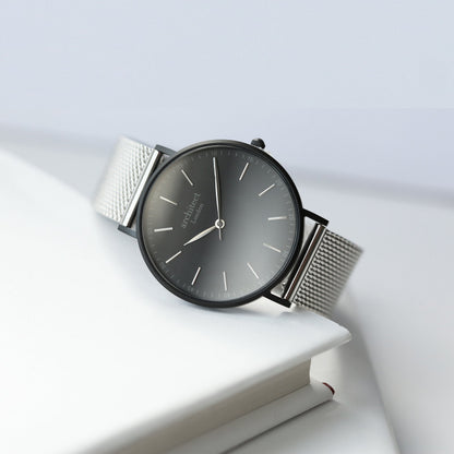 Personalised Minimalist Watch - Steel Silver Mesh, Custom Engraving Keepsake