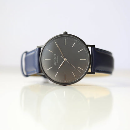 Personalised Minimalist Watch – Admiral Blue Strap, Modern Engraving | Custom Engraved Gift